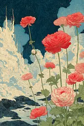 Midjourney generated image using SREF code Wavetwine: A painting of red flowers in front of a cloudy sky.