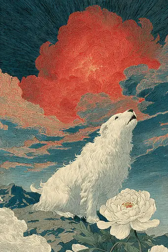 Midjourney generated image using SREF code Wavetwine: A white dog sitting on top of a hill next to a flower.