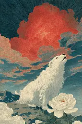 Midjourney generated image using SREF code Wavetwine: A white dog sitting on top of a hill next to a flower.