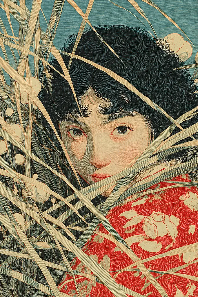 Midjourney generated image using SREF code Wavetwine: A woman in a red kimono is hiding behind some tall grass.