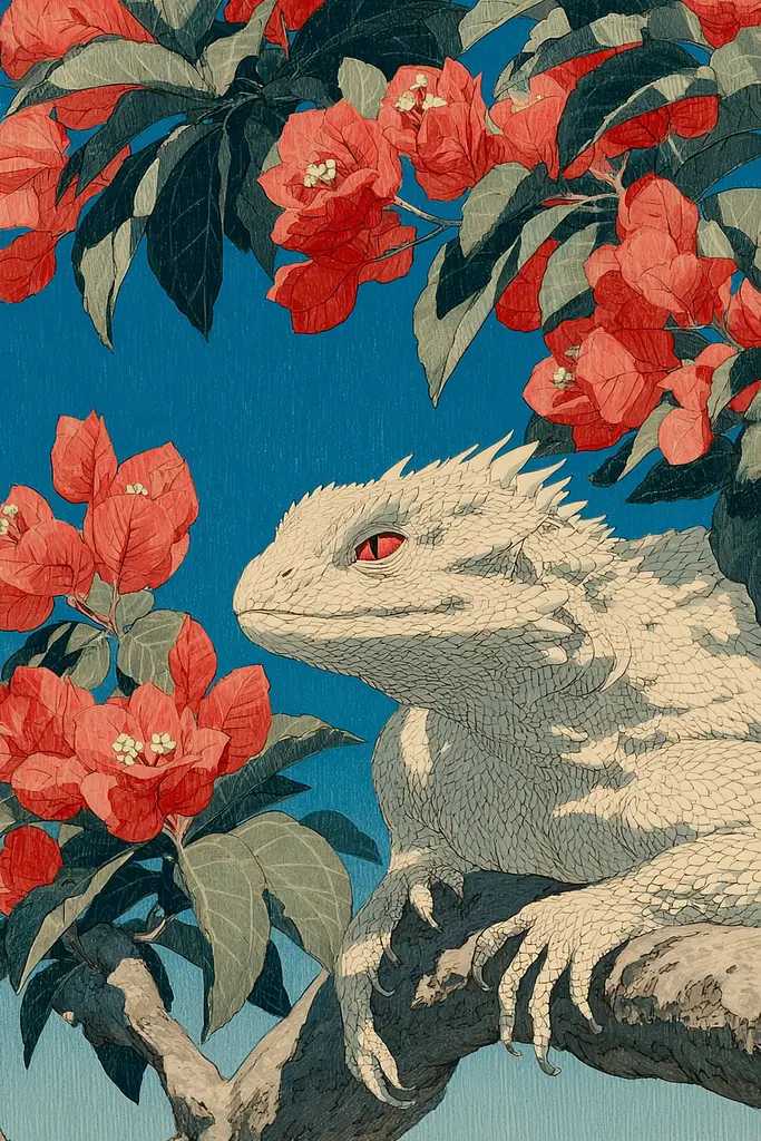 Midjourney generated image using SREF code Wavetwine: A lizard sitting on a tree branch with red flowers.