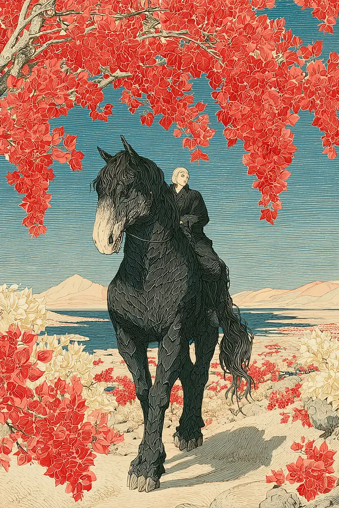 Midjourney generated image using SREF code Wavetwine: A woman riding on the back of a black horse.