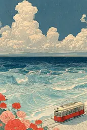 Midjourney generated image using SREF code Wavetwine: A red and white trolley car on a beach next to the ocean.