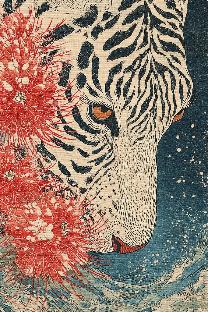 Midjourney generated image using SREF code Wavetwine: A white tiger with red flowers in its mouth.