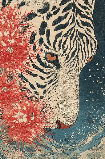 Midjourney generated image using SREF code Wavetwine: A white tiger with red flowers in its mouth.