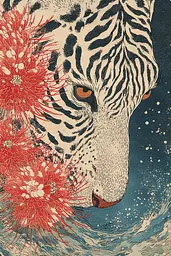 Midjourney generated image using SREF code Wavetwine: A white tiger with red flowers in its mouth.