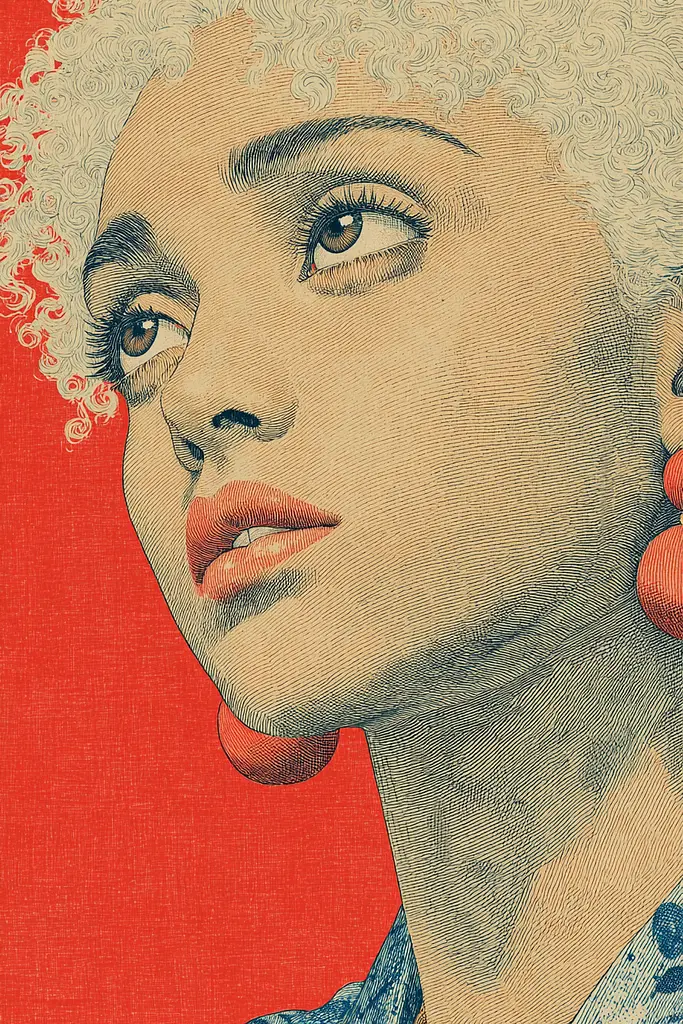 Midjourney generated image using SREF code Wavetwine: A portrait of a woman with curly hair and red lipstick.