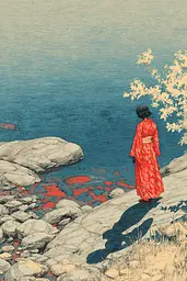 Midjourney generated image using SREF code Wavetwine: A woman in a red kimono standing on a rock by the water.