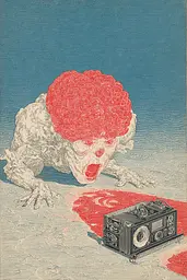 Midjourney generated image using SREF code Wavetwine: A drawing of a man with a red wig and a camera.