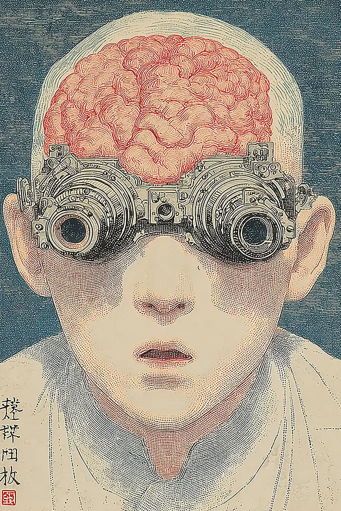 Midjourney generated image using SREF code Wavetwine: A drawing of a boy with a brain on his head.