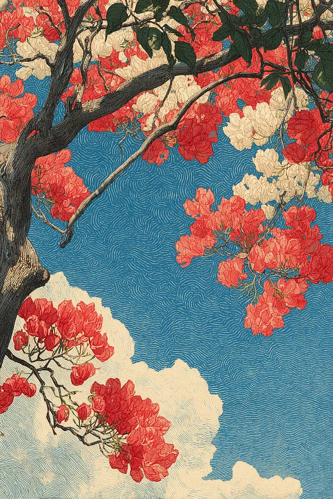 Midjourney generated image using SREF code Wavetwine: A painting of a tree with red and white flowers.