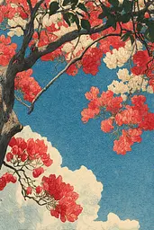 Midjourney generated image using SREF code Wavetwine: A painting of a tree with red and white flowers.