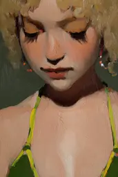 Midjourney generated image using SREF code Slickmalar: A painting of a woman in a green bikini.