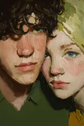 Midjourney generated image using SREF code Slickmalar: A painting of a man and a woman with curly hair.