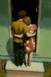 Midjourney generated image using SREF code Slickmalar: A painting of a man and a woman standing in front of a door.