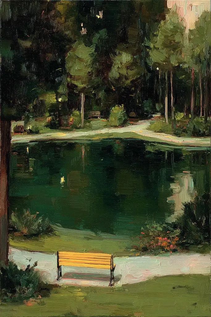 Midjourney generated image using SREF code Slickmalar: A painting of a park bench by a pond.