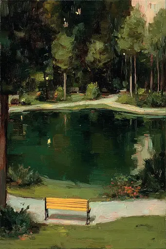 Midjourney generated image using SREF code Slickmalar: A painting of a park bench by a pond.