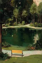 Midjourney generated image using SREF code Slickmalar: A painting of a park bench by a pond.