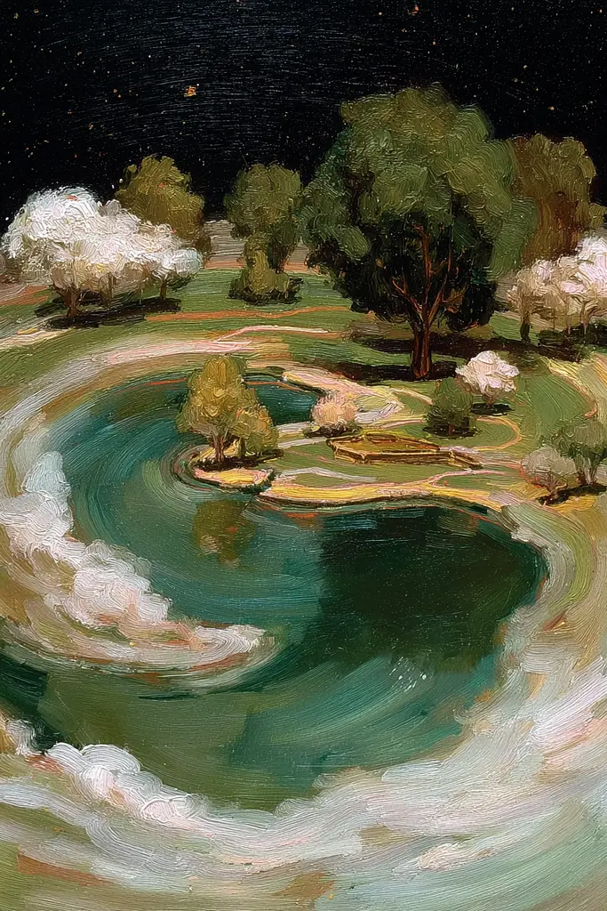 Midjourney generated image using SREF code Slickmalar: A painting of a pond in the middle of a field.