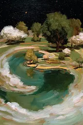 Midjourney generated image using SREF code Slickmalar: A painting of a pond in the middle of a field.