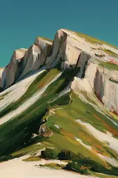 Midjourney generated image using SREF code Slickmalar: A painting of a mountain with a blue sky in the background.