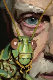 Midjourney generated image using SREF code Slickmalar: A painting of a man with a praying mantisch on his face.