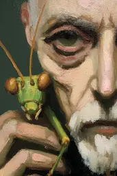 Midjourney generated image using SREF code Slickmalar: A painting of a man holding a praying mantisch in his hand.