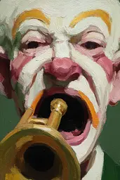 Midjourney generated image using SREF code Slickmalar: A painting of a clown playing a trumpet.