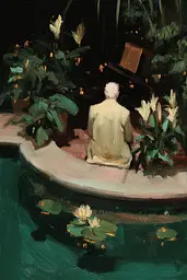 Midjourney generated image using SREF code Slickmalar: A painting of a man sitting on a bench by a pond.