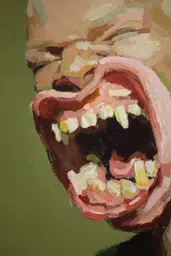 Midjourney generated image using SREF code Slickmalar: A painting of a man with his mouth open showing his teeth.