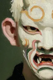 Midjourney generated image using SREF code Slickmalar: A painting of a man with a clown mask on his face.