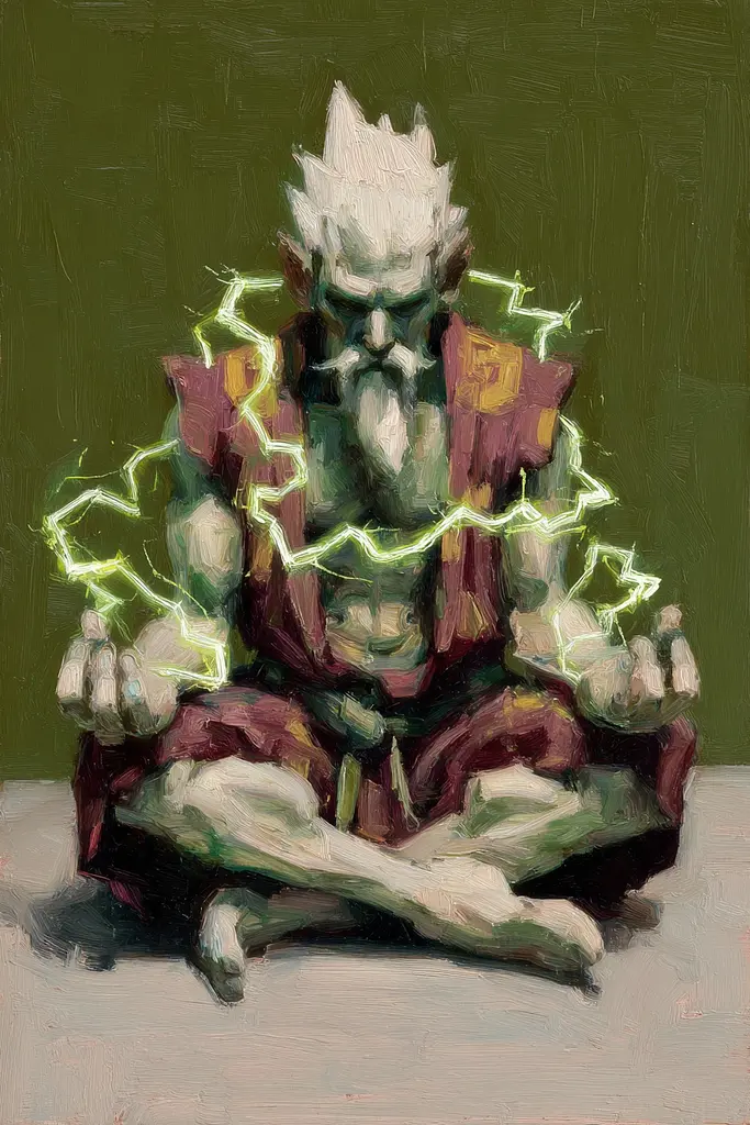 Midjourney generated image using SREF code Slickmalar: A painting of a man sitting in a lotus position with lightning coming out of his hands.