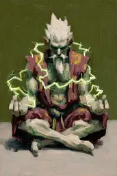 Midjourney generated image using SREF code Slickmalar: A painting of a man sitting in a lotus position with lightning coming out of his hands.