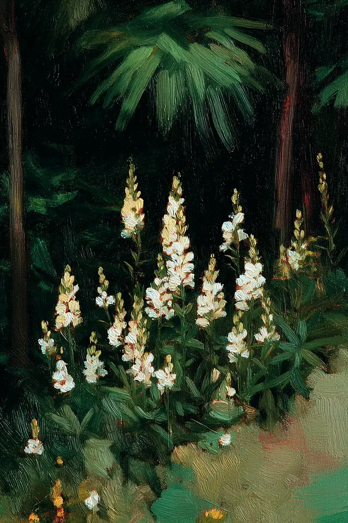 Midjourney generated image using SREF code Slickmalar: A painting of white flowers in a garden at night.