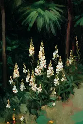 Midjourney generated image using SREF code Slickmalar: A painting of white flowers in a garden at night.