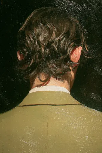 Midjourney generated image using SREF code Slickmalar: A painting of a man with curly hair and a green jacket.