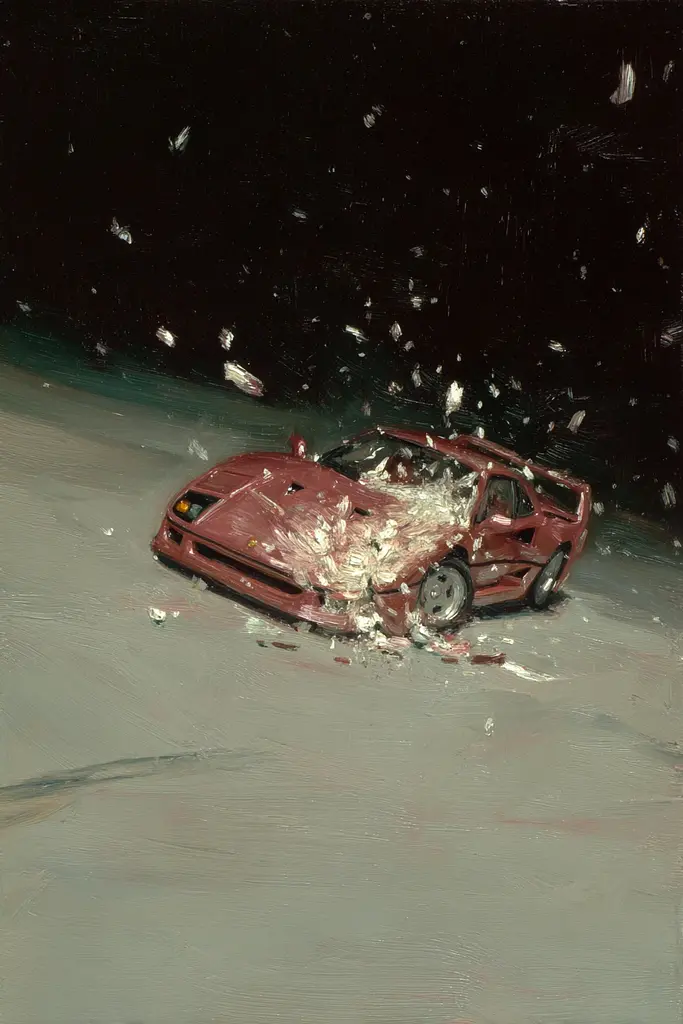 Midjourney generated image using SREF code Slickmalar: A painting of a car that is sitting in the snow.