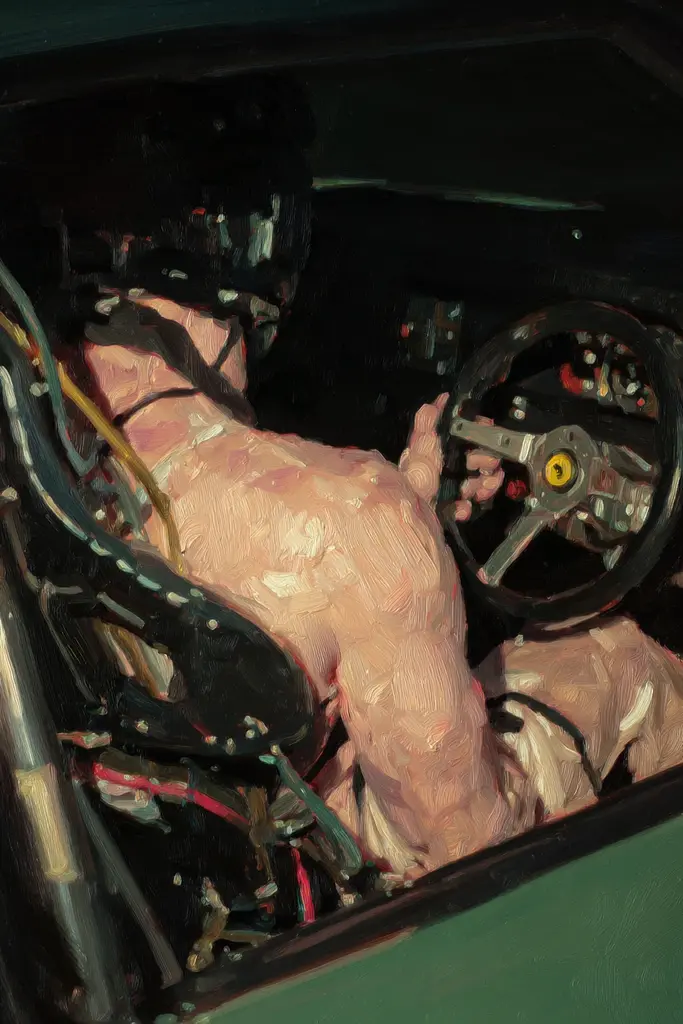 Midjourney generated image using SREF code Slickmalar: A painting of a man sitting in a car with a steering wheel.