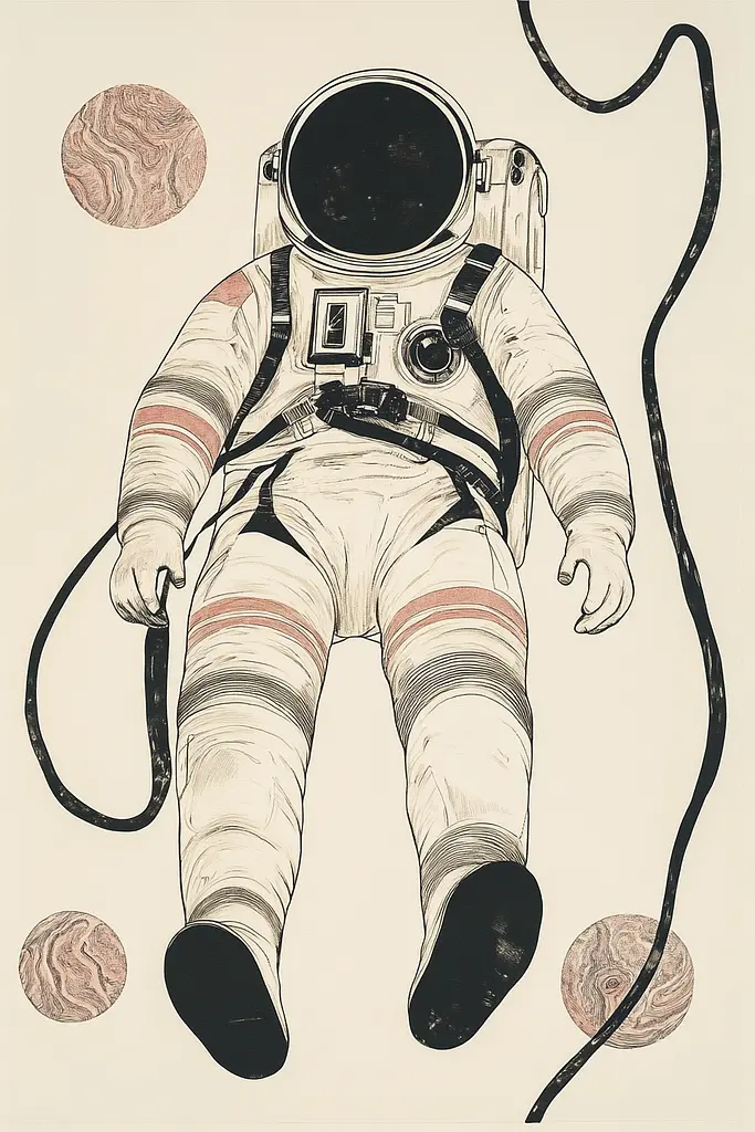 Midjourney generated image using SREF code Veiled Pathways: A drawing of an astronaut floating in space surrounded by planets.