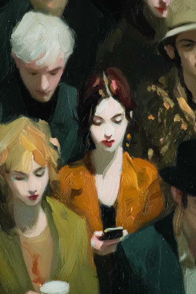 Midjourney generated image using SREF code Slickmalar: A painting of a group of people looking at a cell phone.