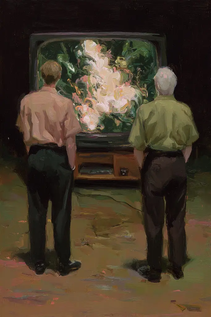 Midjourney generated image using SREF code Slickmalar: Two men looking at a television screen with flowers on it.