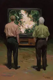 Midjourney generated image using SREF code Slickmalar: Two men looking at a television screen with flowers on it.