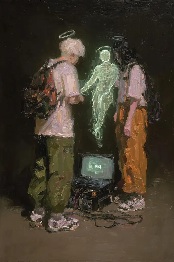 Midjourney generated image using SREF code Slickmalar: A painting of two people standing in front of a laptop computer.