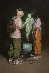 Midjourney generated image using SREF code Slickmalar: A painting of two people standing in front of a laptop computer.