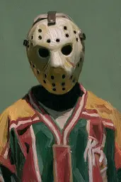 Midjourney generated image using SREF code Slickmalar: A painting of a hockey player wearing a mask.