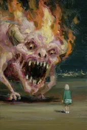 Midjourney generated image using SREF code Slickmalar: A painting of a person standing in front of a demonic creature.