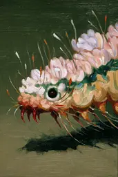 Midjourney generated image using SREF code Slickmalar: A painting of a colorful caterpillar on a green background.