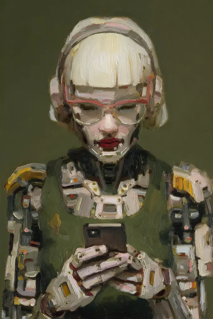 Midjourney generated image using SREF code Slickmalar: A painting of a woman in a futuristic suit holding a cell phone.