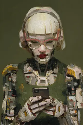 Midjourney generated image using SREF code Slickmalar: A painting of a woman in a futuristic suit holding a cell phone.