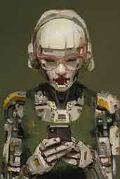 Midjourney generated image using SREF code Slickmalar: A painting of a woman in a futuristic suit holding a cell phone.